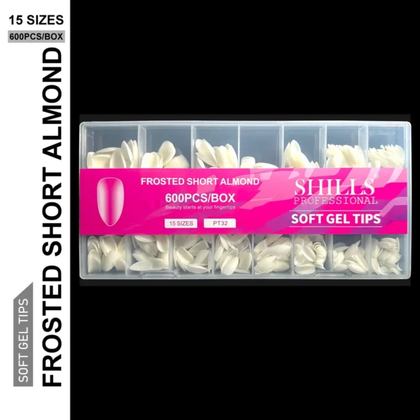 Frosted Short Almond Soft Gel Nail Tips 600pcs Natural (Full Cover Extension Tips 15 Sizes)